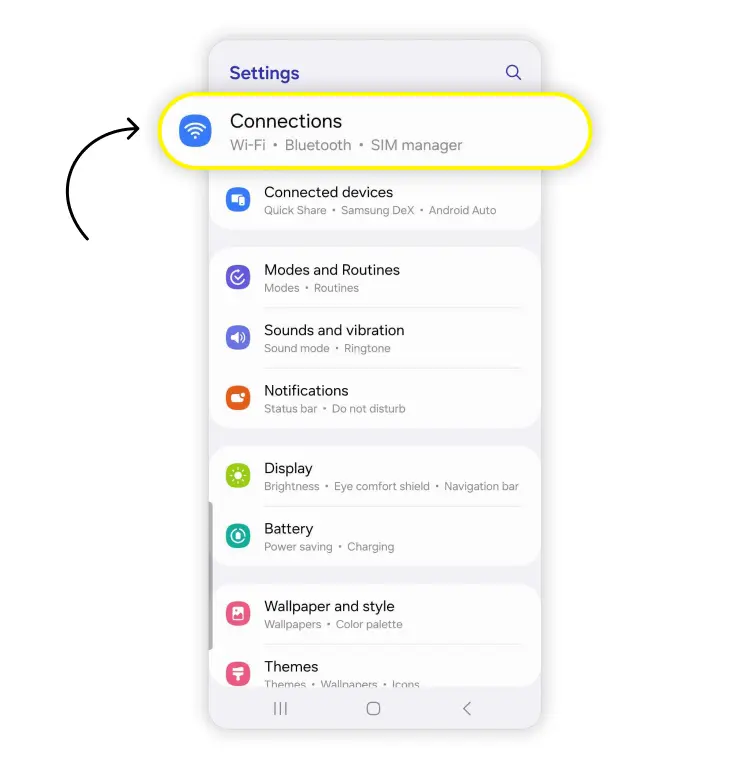 Samsung Settings – tap Connections