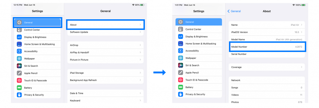 iPad: Settings → General → About (model number AXXXX)